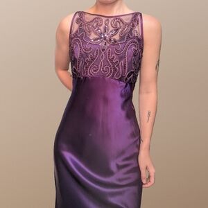 Vintage 90s Steppin' Out Purple Beaded Satin Prom Gown With High Neckline 8